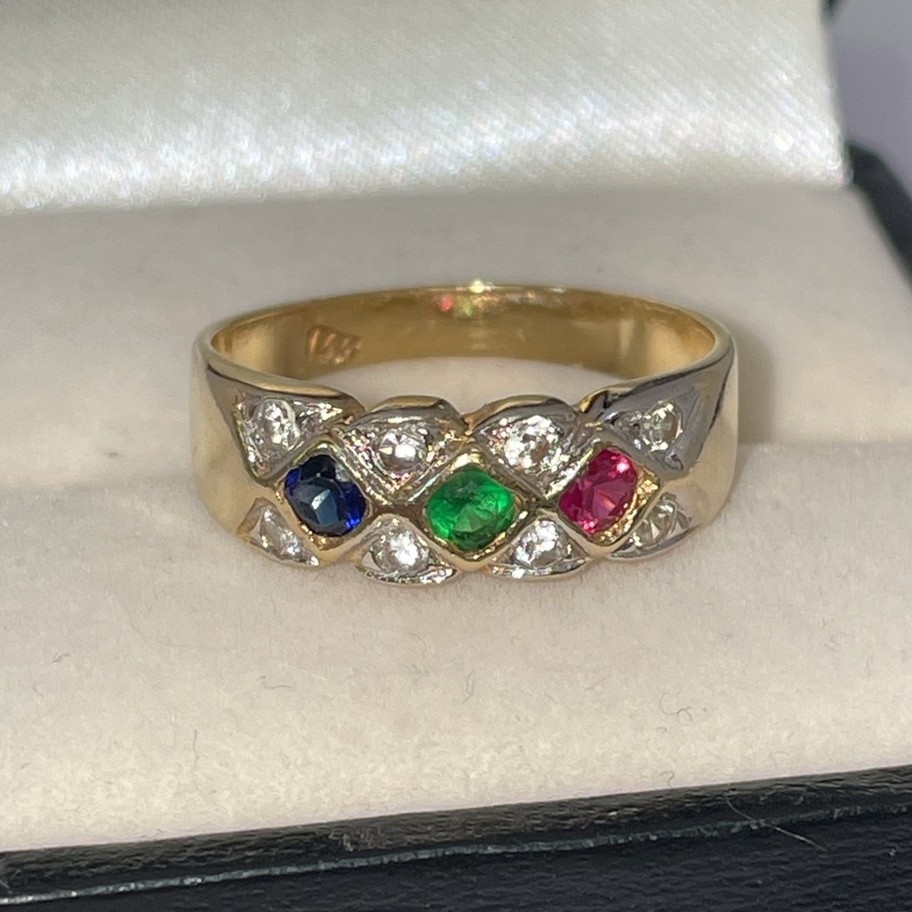 Solid 14K Yellow Gold Red Ruby Blue Sapphire Green Emerald Faux Gems Band Ring